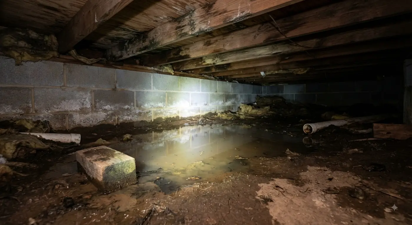 Standing water pooled on a dirt crawl space floor beneath wooden floor joists in a Middle Tennessee home, with moisture staining on the foundation wall